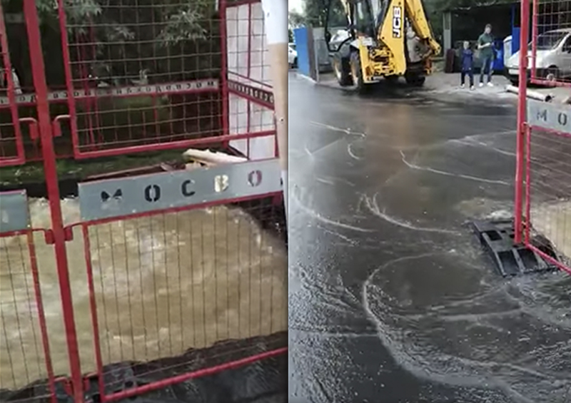 Фонтан воды хлынул на улице в районе стройки колеса обозрения «Солнце Москвы»